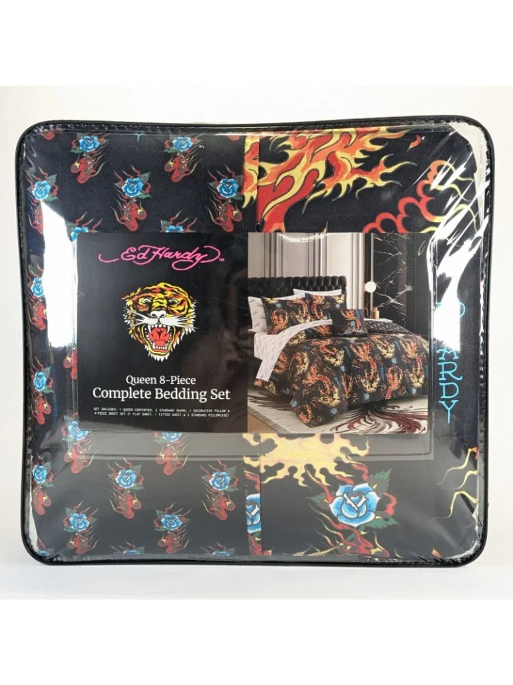 Ed Hardy Queen Comforter Set Shams Pillow Sheets w Black Roses Flames Black